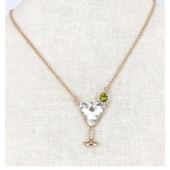 Love, Calliope Jewelry - Shaken Or Stirred Mini Martini Glass CZ Crystal Gold Pendant Necklace NEW